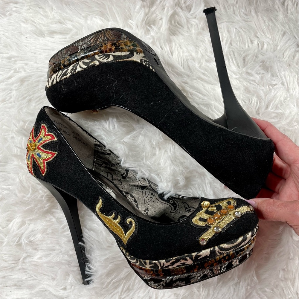 Dollhouse Shoes Eclectic Embellished Jeweld Black Suede Platform High Heels 8.5